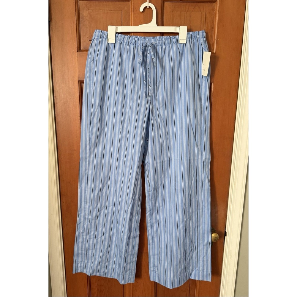 Women's A New Day Mid-Rise Poplin Straight Leg Pull-On Pants Blue Striped Large